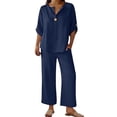 thumbnail image 2 of Women's 2 Piece Lounge Set, 3/4 Sleeve V Neck Casual Top and Wide Leg Pants, Soft Material Matching Outfit for Daily Wear, Beach Travel and Relaxation-Dark Blue, 2 of 7