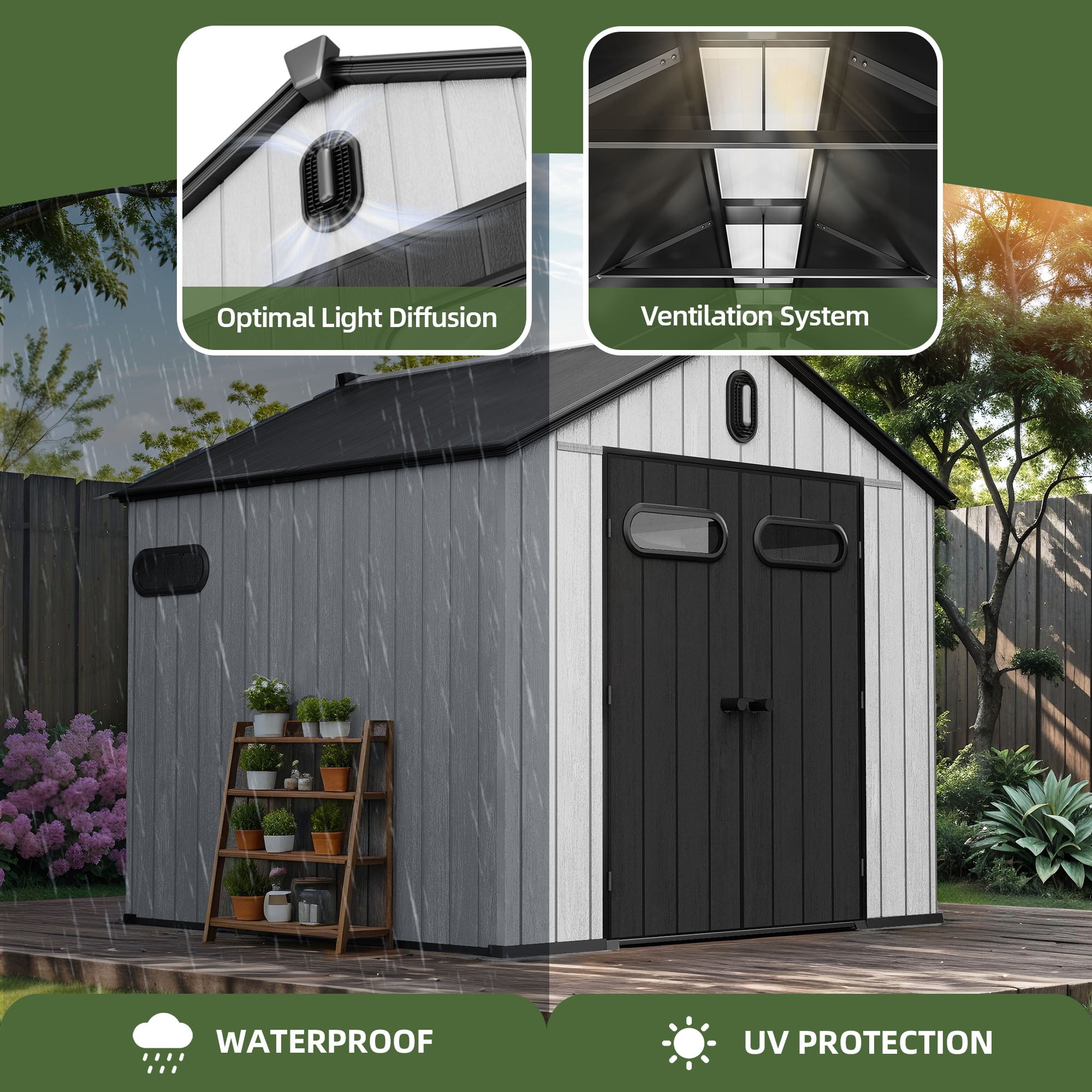 Uforic 8x8ft Outdoor Resin Storage Shed with Floor, 427cuft Garden Shed with Lockable Door, Windows & Vents, Plastic Tool Storage, Waterproof
