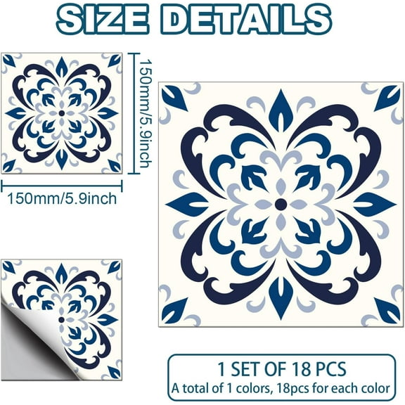 1 set 18 Pcs 9 Style Tile Stickers Blue and White Porcelain Style Peel and Stick Wall Tile Stickers Spanish Style Waterproof Self Adhesive Stick on Tile Decals for Kitchen Bathroom 6×6 Inch
