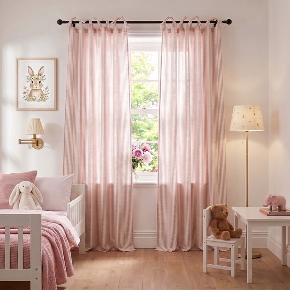 NICETOWN Pink Linen Curtains for Living Room, Vertical Striped Semi-Sheer Curtains for Kids Bedroom, Soft Linen Textured Window Drapes with Tie Top, Light Filtering Curtains for Girls Room, 2 Panels