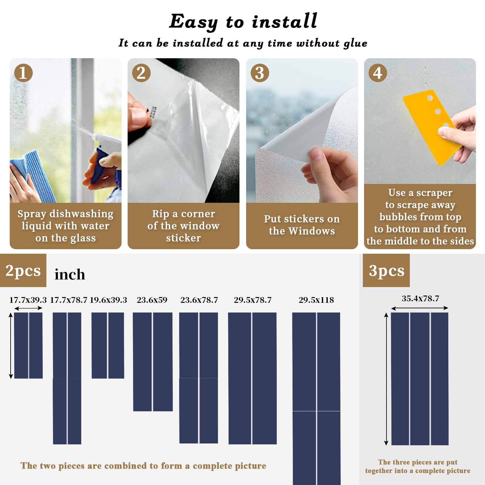 Pure Dark Blue Window Privacy Film, Simple Solid Color Static Cling UV Sun Blocking Heat Control Window Tint Day and Night, Non-Adhesive Reusable One Way Windows Privacy Cover 23.6''x59''