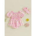 thumbnail image 4 of Musuos Newborn Girl Cute Summer Outfit, 3M 6M 12M 18M Short Sleeve Off-shoulder Flower Print Romper Dress with Headband Clothes, 4 of 10