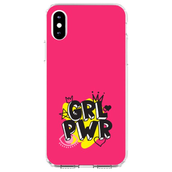 DistinctInk Clear Shockproof Hybrid Case for iPhone XS Max (6.5" Screen) - TPU Bumper, Acrylic Back, Tempered Glass Screen Protector - Girl Power - GRL PWR - Pink Yellow Black