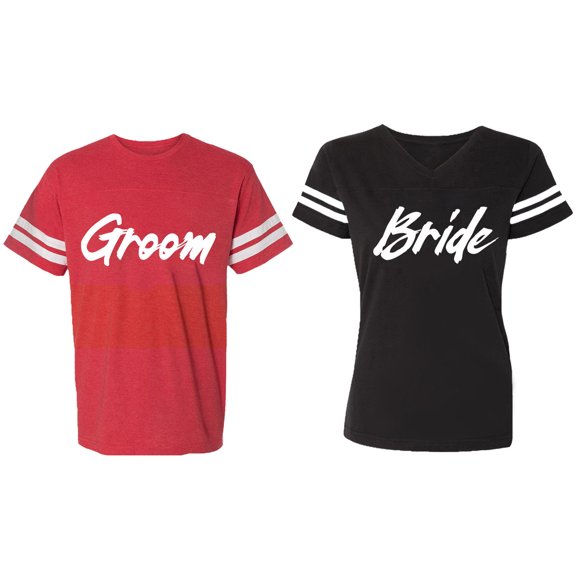 Groom Bride Matching Couple Cotton Jerseys (Men Red / Women Black) (Men S / Women S)