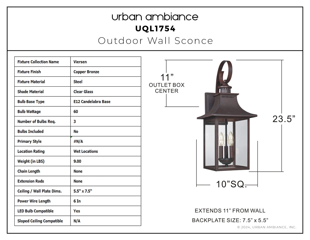 Luxury English Country Wall Sconce, Large Size: 23.25''H x 10.00''W, with Old World Style Elements, Copper Bronze Finish, UQL1754 from the Viersen Collection by Urban Ambiance
