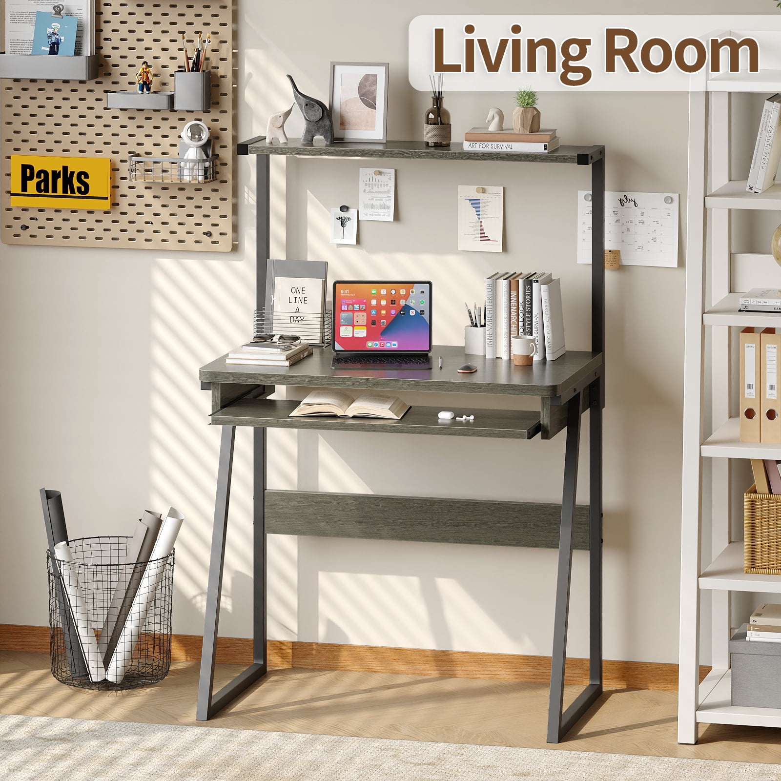 MIN EN WIN 2 Tiers Small Computer Desk for Small Space, Compact Laptop Table Workstation with Keyboard Tray, Study PC Table for Home Office,Gray Oak