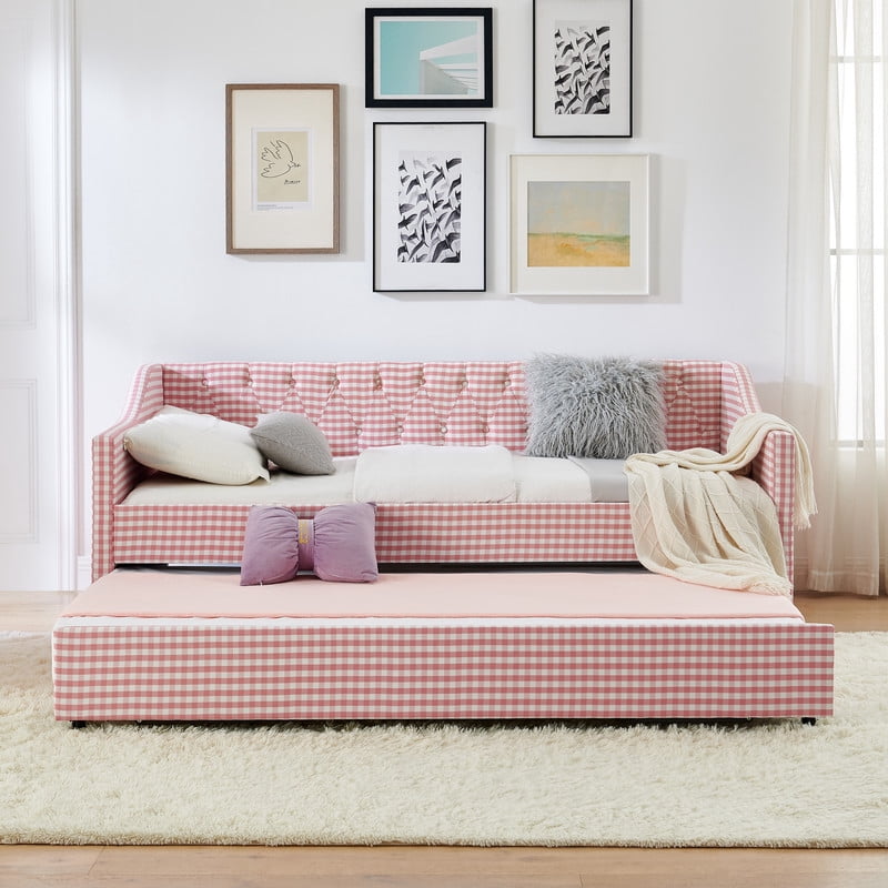 Twin Size Daybed with Pop Up Trundle, Gingham Upholstered Daybed Frame with Tufted Button Backrest and Side Storage Pocket, Modern Sofa Bed for Living Room Bedroom