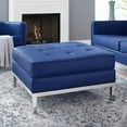 thumbnail image 2 of Contemporary Modern Urban Designer Living Room Lounge Club Lobby Accent Chair Ottoman, Faux Vinyl Leather, Navy Blue Silver, 2 of 4