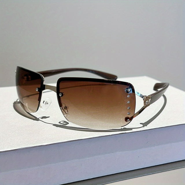 Y2K Rimless Sunglasses For Women Men Gradient Lens Glasses Futuristic Rhinestone Decor Eyewear For Driving Beach, UV 400