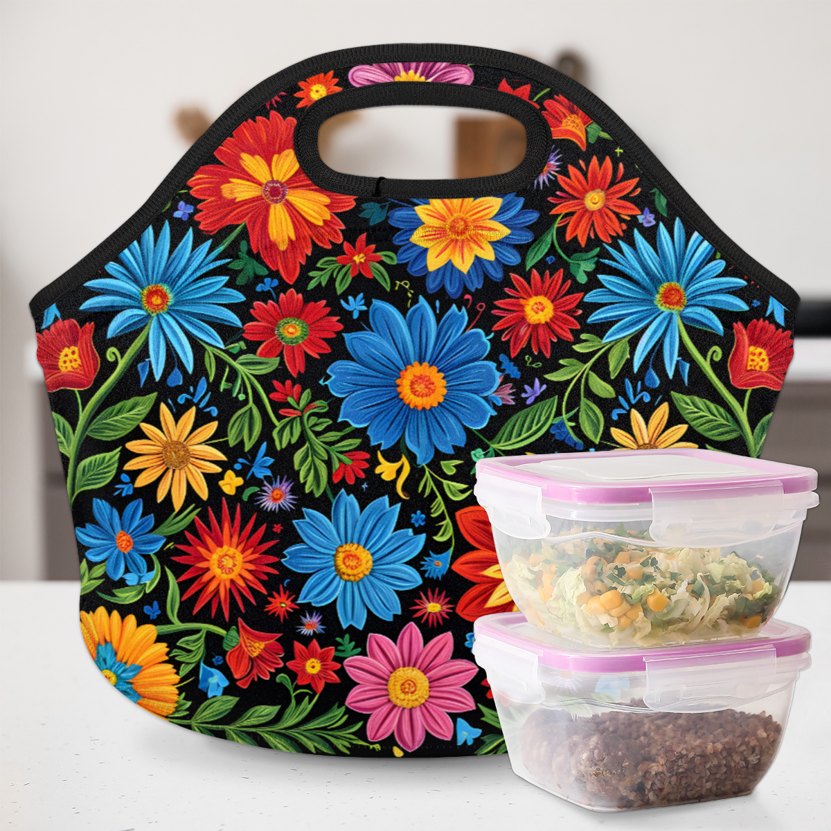 Herdesigns Spring Watercolor Floral Neoprene Lunch Bag, Colorful Flowers Insulated Lunch Box for Women Men Washable Lunch Tote Soft Lunch Container With Zipper for Work Picnic Travel