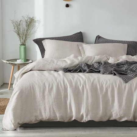 YUNWEN 100% Linen Duvet Cover Set Queen, Washed Soft French Flax Linen Comforter Cover, Breathable Durable Cooling Duvet Cover for Hot Sleepers, 1 Duvet Cover and 2 Pillowshams, 90"x92", Linen