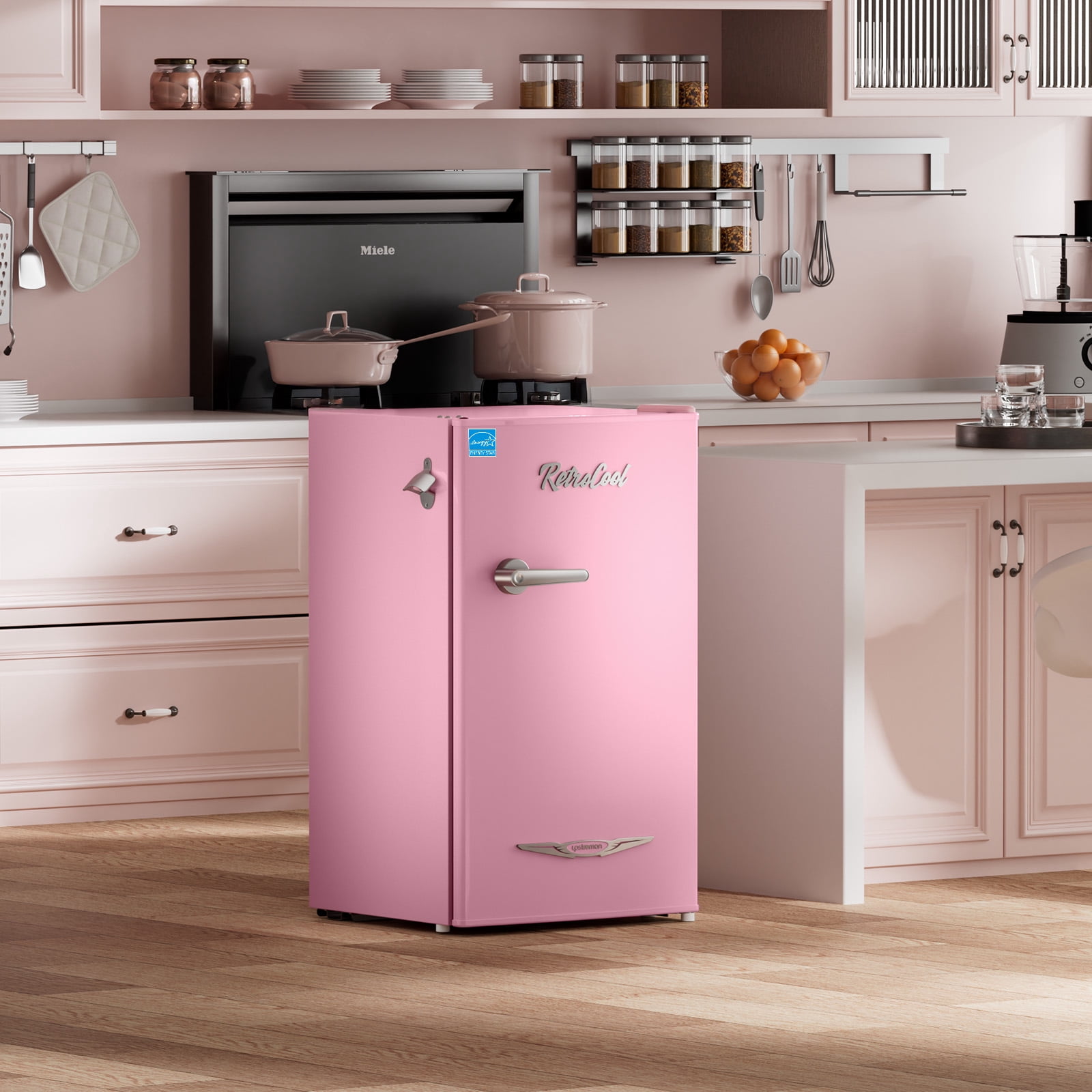 Upstreman 3.2 Cu.ft Retro Compact Fridge with Side Bottle Opener, Single Door Small Refrigerator Retro Bar Fridge, Pink BR321 PRO
