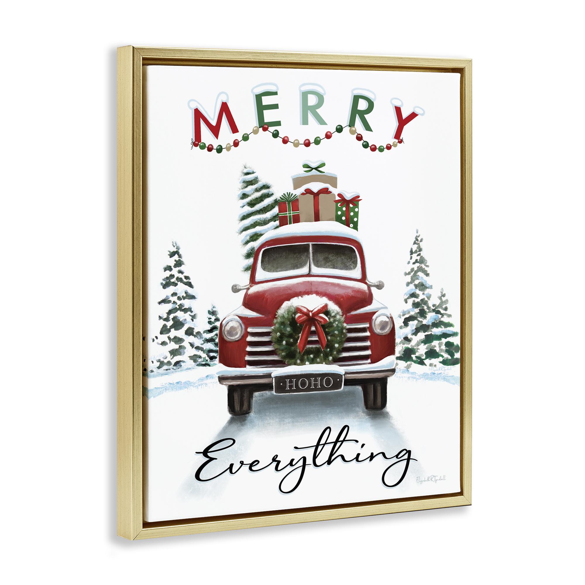 Stupell Industries Merry Everything Gift Car Holiday Painting Gold Floater Framed Canvas Art Prints Wall Art, 17 x 21