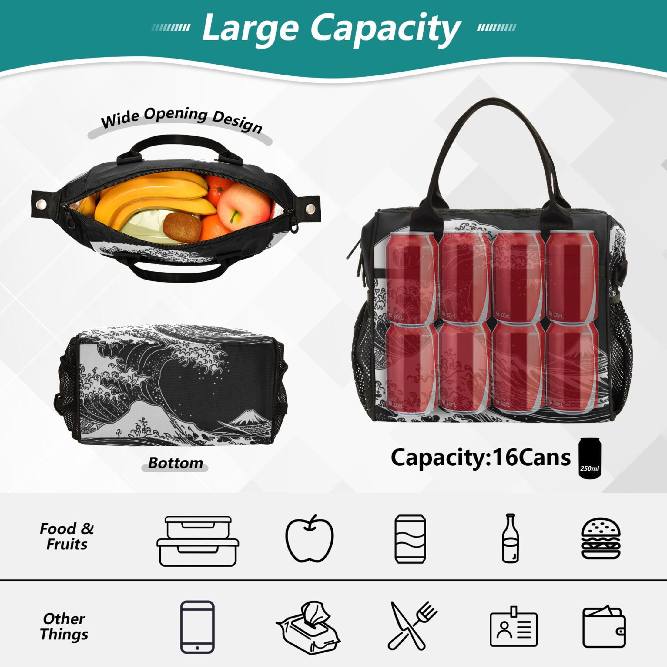 Great Wave Off Kanagawa Lunch Bag Insulated Lunch Box Leakproof Reusable Cooler Tote Adjustable Shoulder Strap for Men Women 12L