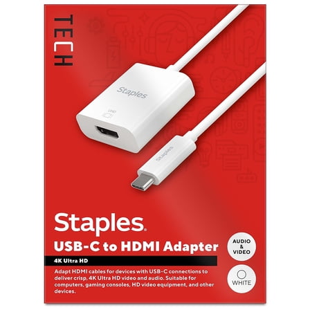 Staples TECH USB-C to HDMI Audio/Video Adapter Male to Female White (ST62365)