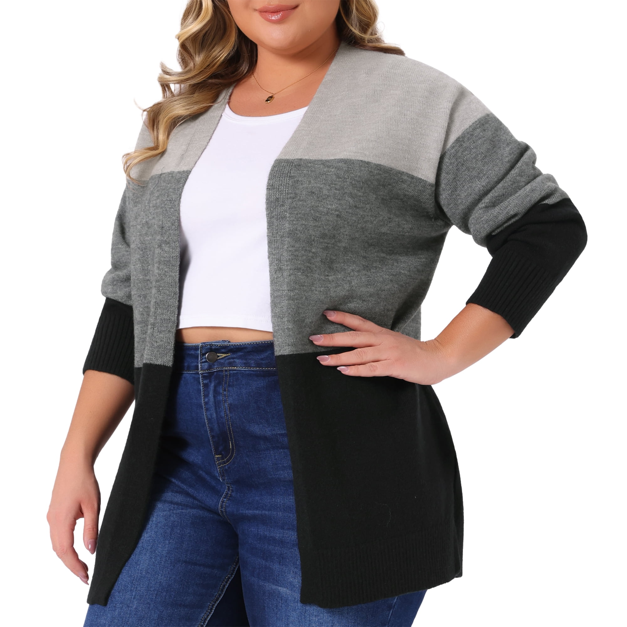 DARING DIVA Plus Size Striped Block Open Front Cardigan Sweater Coat 3X Black Grey