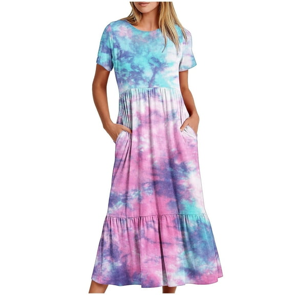 pimelu Dresses for Women Wedding Guest Dresses for Women Beach Loose Pleated Swing Ruffle Hem Tunic Maxi Dress with Pocket Summer Fashion Tie-Dye Print Short Sleeve Round Neck Women Long Sun Dresses