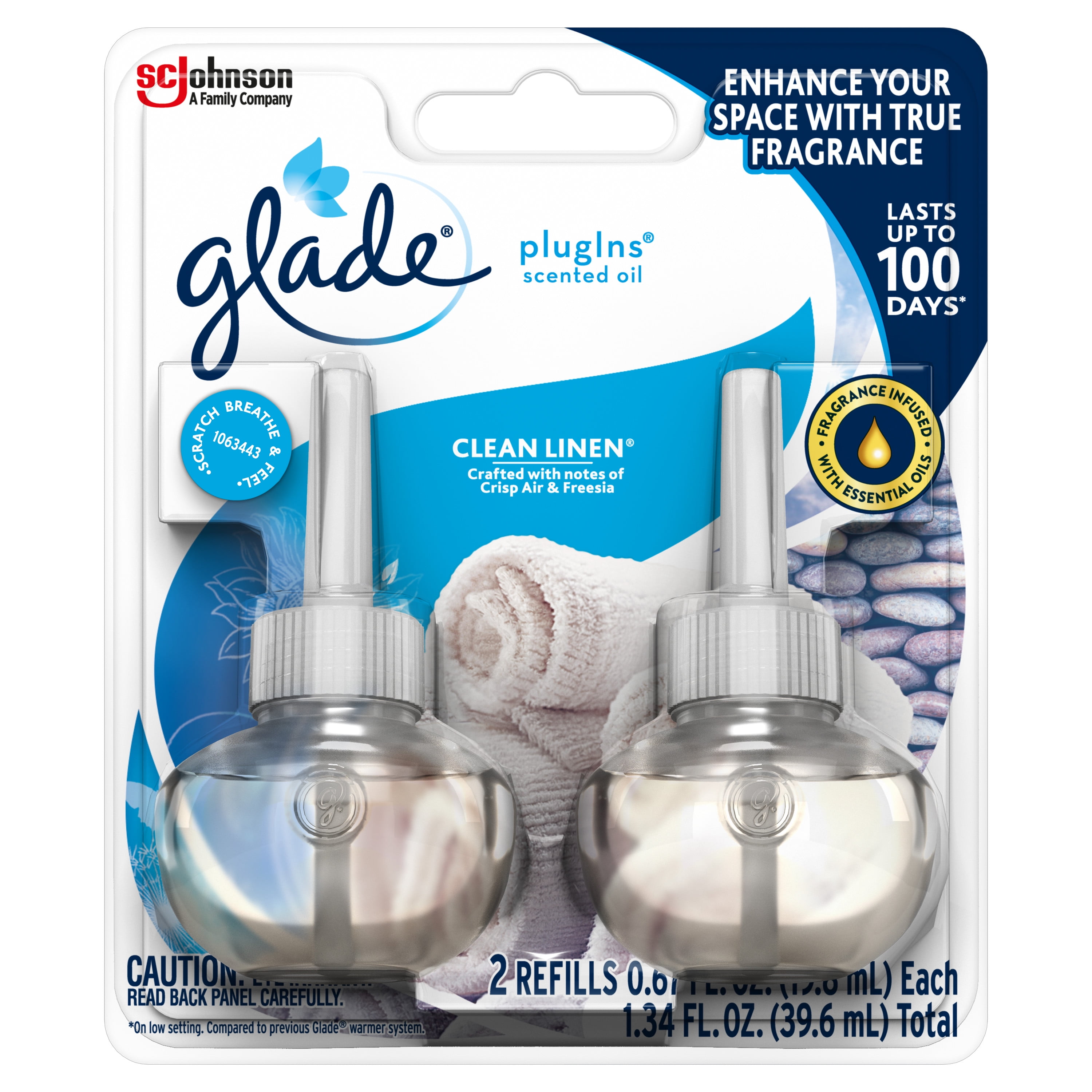 Glade PlugIns Scented Oil Refill Clean Linen, Essential Oil Infused
