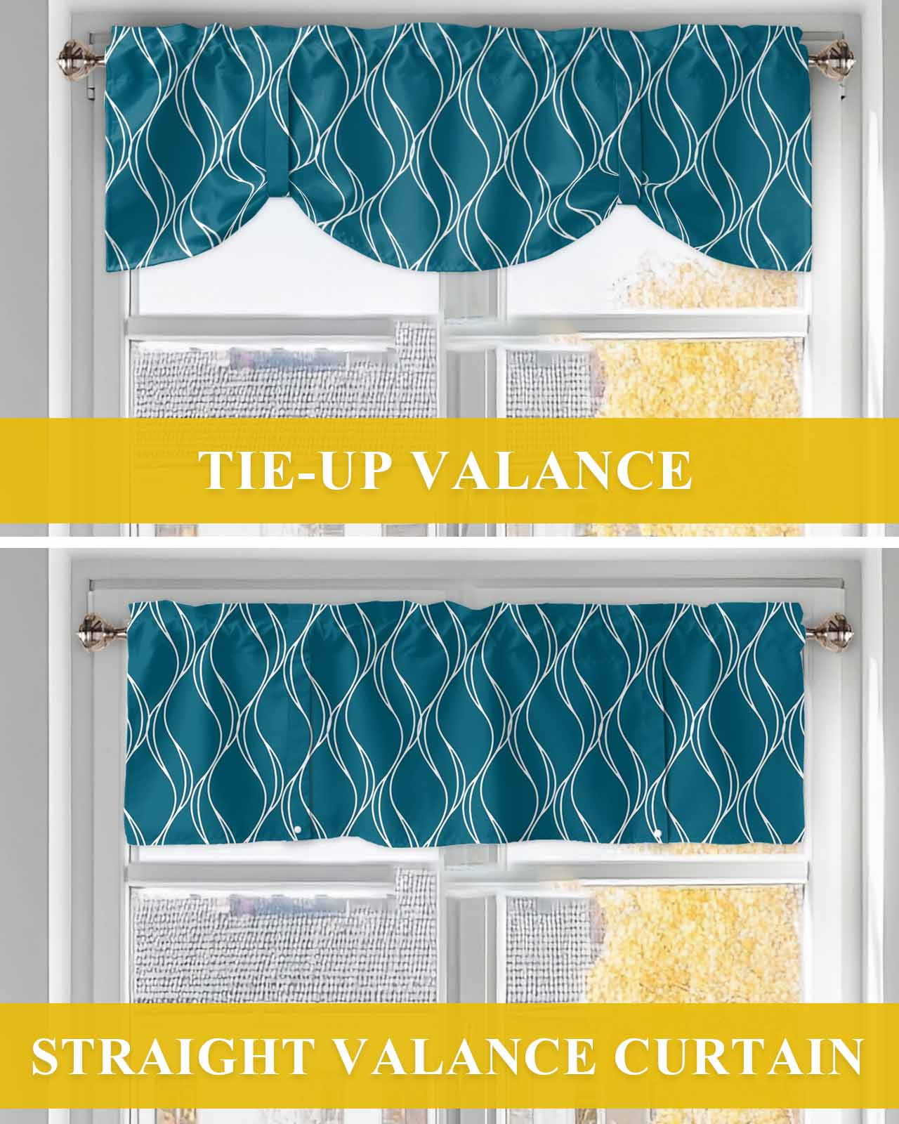Peacock Blue Lines Tie Up Valances Curtain, Adjustable Kitchen Abstract Waves Striped Classic Valances for Windows Decor, Rod Pocket Short Curtains Set for Bedroom/Bathroom, 60"x18"