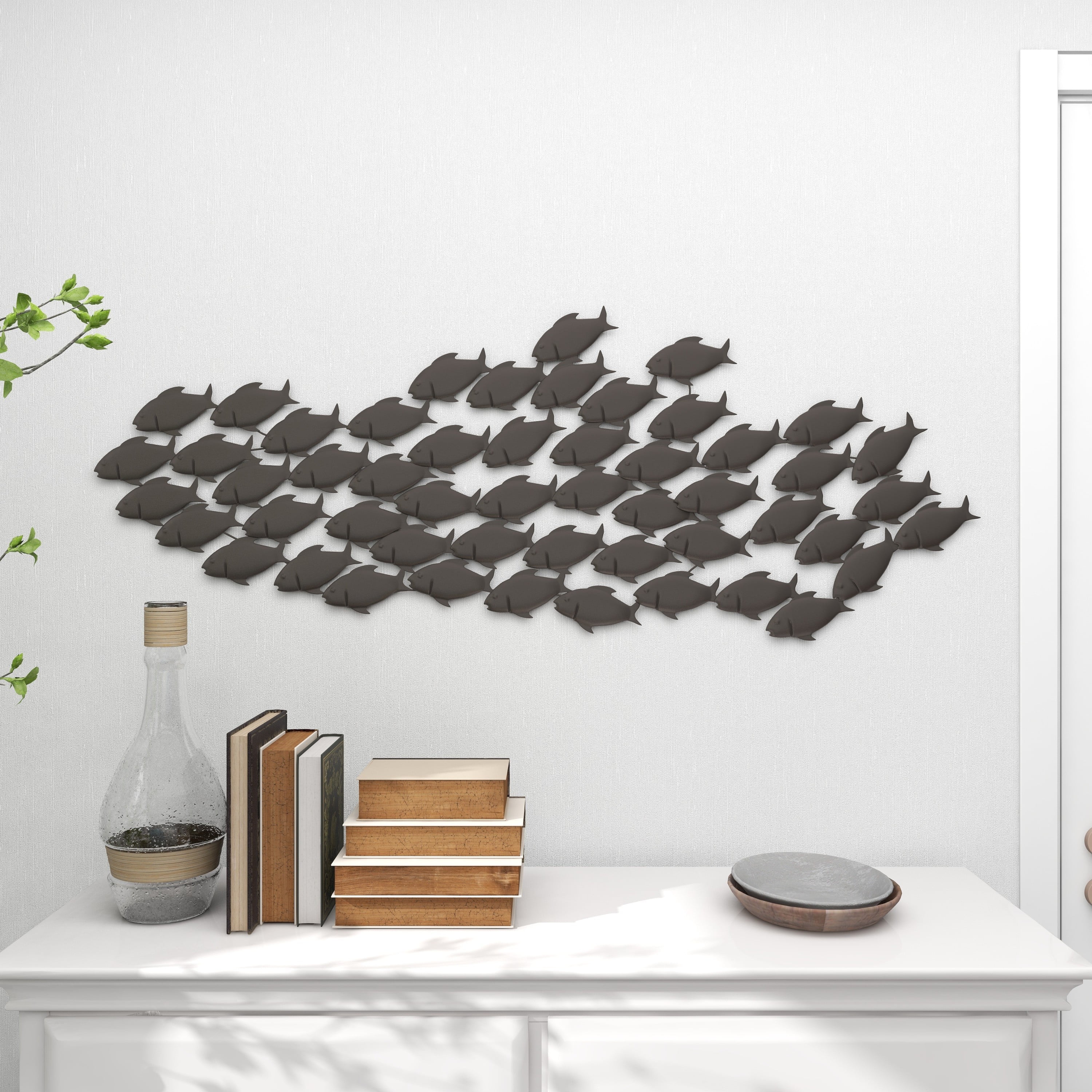 DecMode Coastal Metal School of Fish Wall Décor with Dark Gray and Silver  Metal Finish, Set of 36W x 19H 