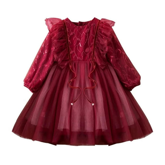 StylesILove Toddler Little Girls Sequin Tulle Red Long Sleeve Dress Ruffle Flower Girl Princess Tutu Dress for Pageant, Holiday, Wedding, Birthday Party Dressy Outfit (2-3 Years)
