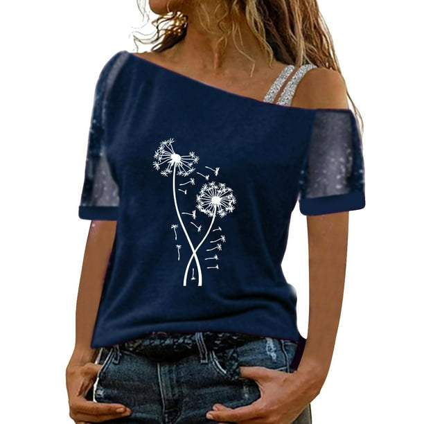 Gibobby Casual Playera de Manga Corta para Mujer Mujeres Impreso Hombro Tops Sexy Glitter Camisa manga corta Blusa Tops(Azul,M)