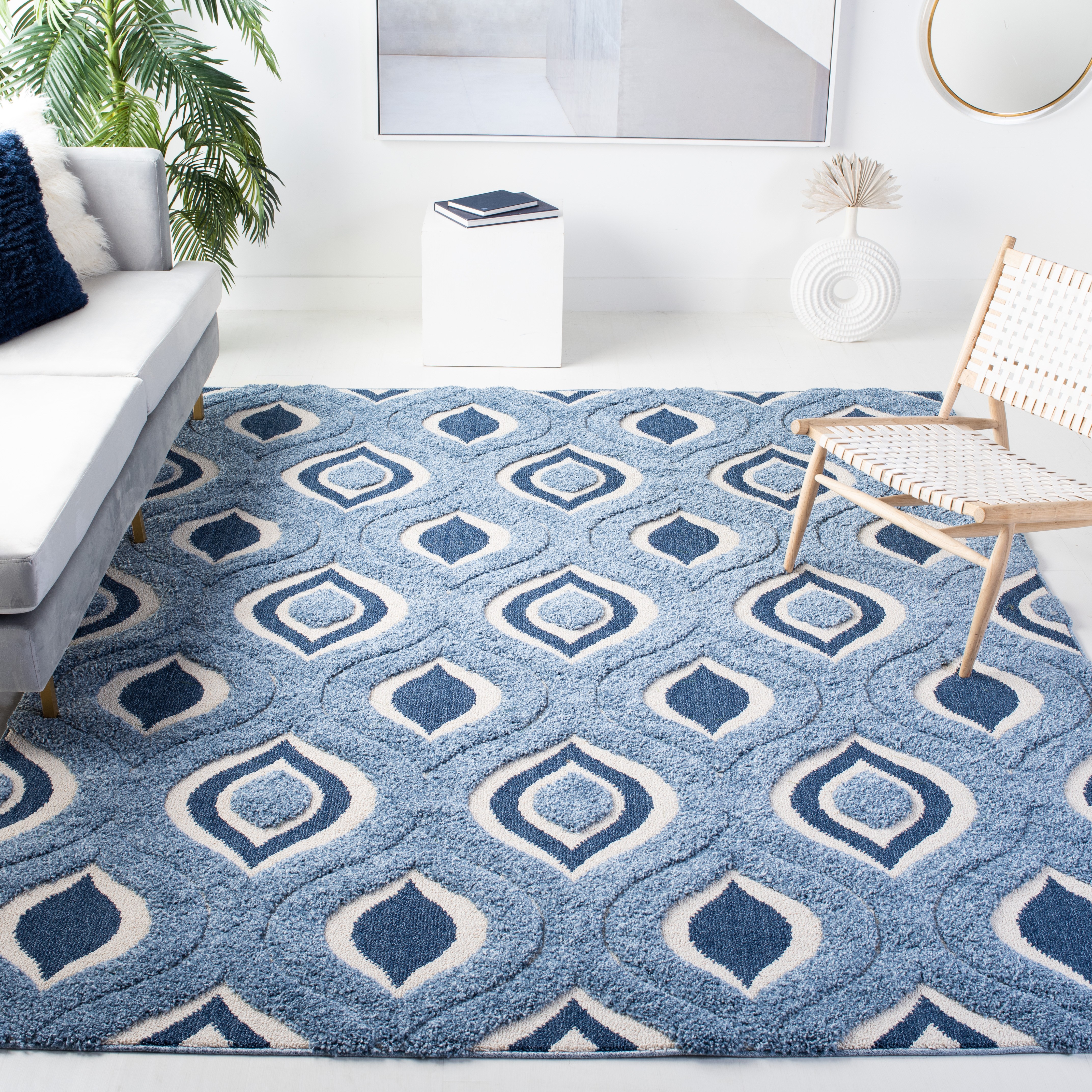 SAFAVIEH Florida Declan Geometric Swirls Shag Runner Rug, Blue/Ivory, 2'3" x 9'