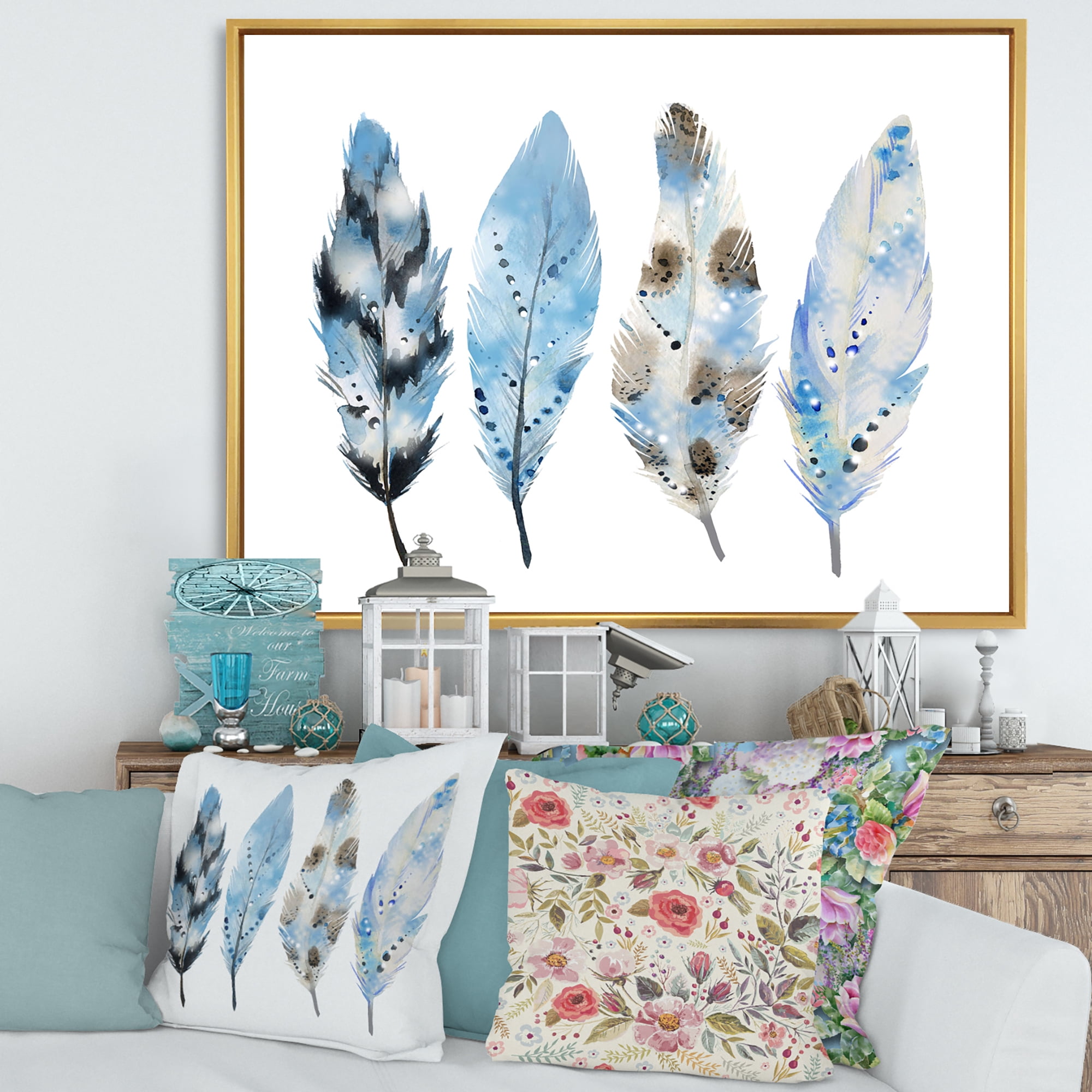 Designart 'Abstract Blue Boho Feathers I' Bohemian & Eclectic Framed Canvas Wall Art Print