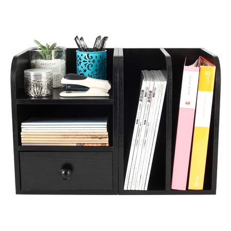 EasyPAG Adjustable Desk Organizer Wood Expandable Bookshelf with 6 Compartments Storage Shelves A4/A5 Paper File Sorter Display Rack for Home Office Classroom Dormitory, Black