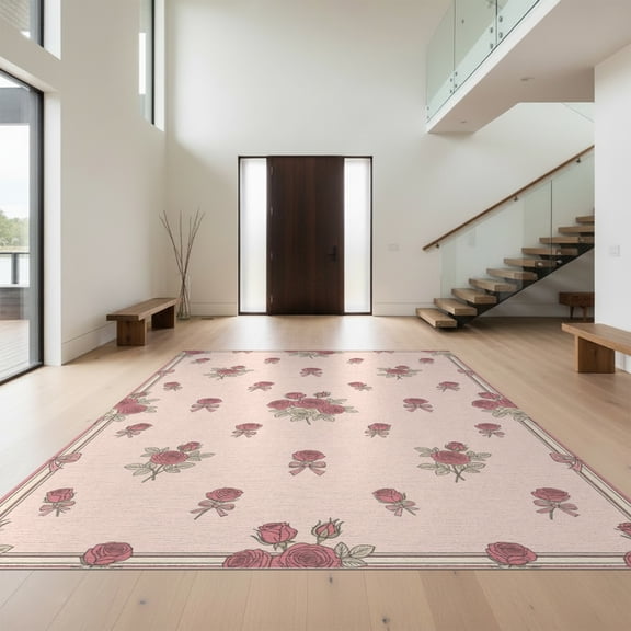 Design&I 8'x10' Washable Area Rug Pink Delicate Vintage Bouquet Buds Airy Asymmetric Border Coquette for Living Room, Family Extra Large Skid-Resistant Low Profile