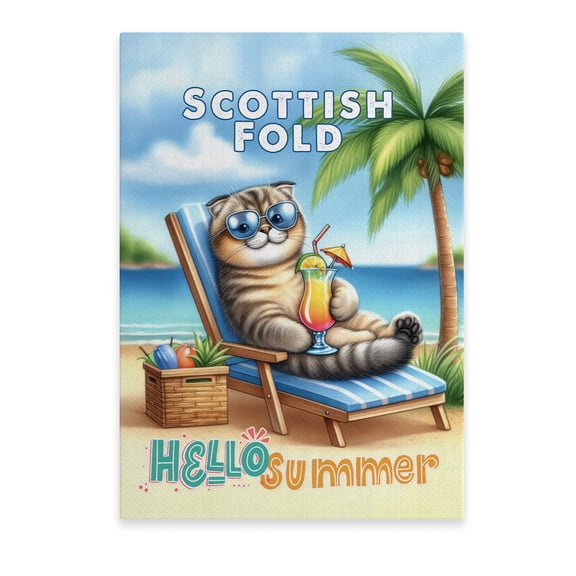 Scottish Fold Hello Summer Beach Theme with Sunglasses and Tropical Cocktail Vertical Matte Canvas Poster Cat Lover Kitten Owner Gifts Wall Art Home Decor - 00009
