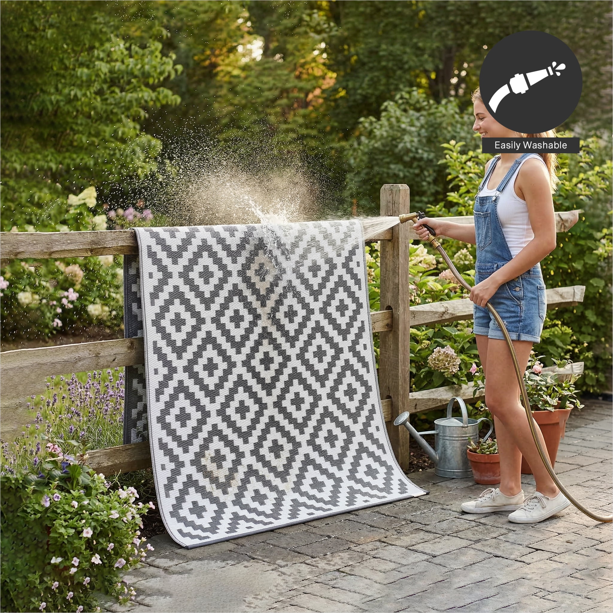 FH Home Outdoor Rug - Waterproof, Fade Resistant, Crease-Free - Premium Recycled Plastic - Geometric - Porch, Deck, Balcony, Mudroom, Laundry Room, Patio - Aztec - Gray & White - 3 x 5 ft