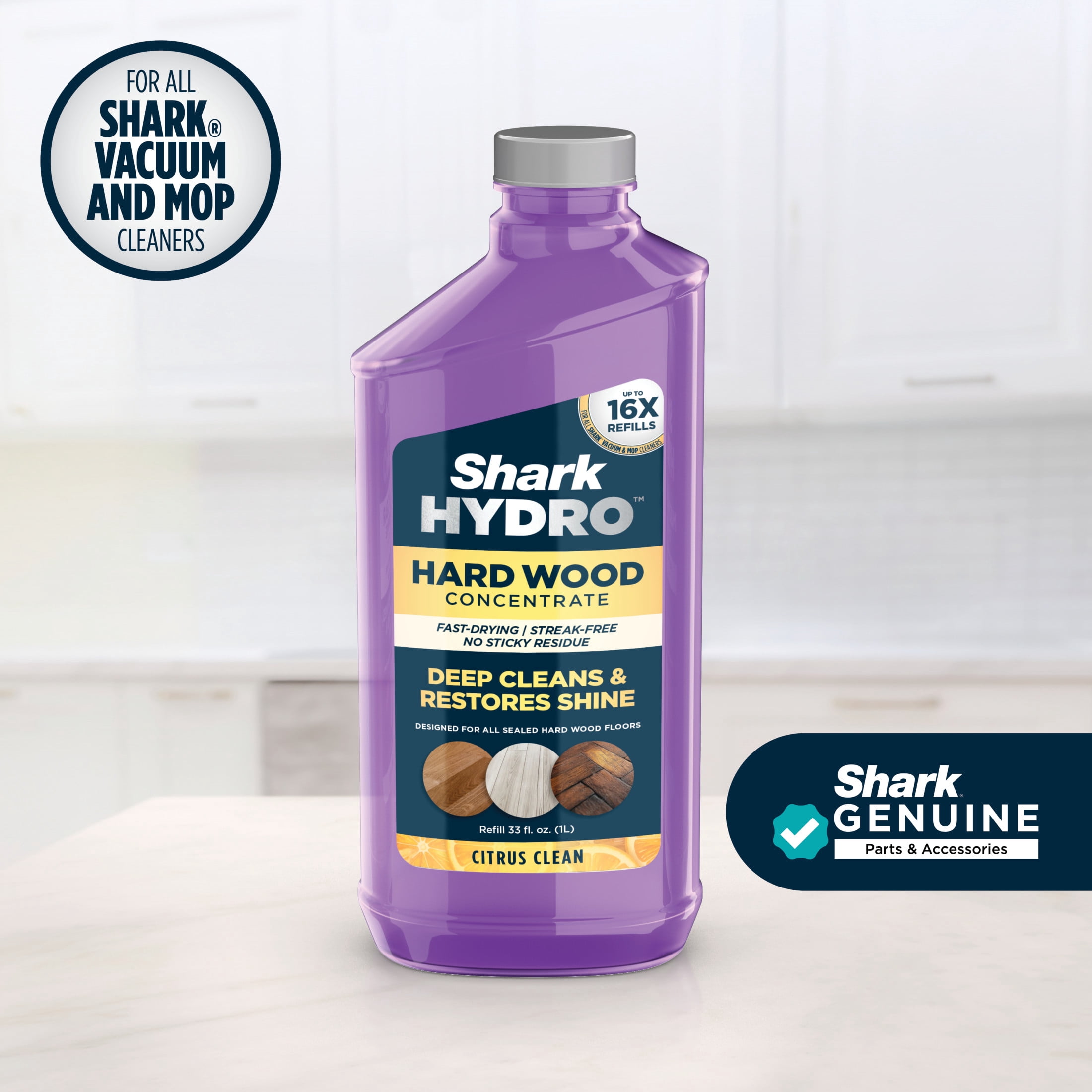 Shark Hydro Hard Wood 33 Oz Concentrate, For Use in All Shark Vacuum and Mop Cleaners, Formulated for Sealed Hard Floors and Area Rugs, Citrus Clean, WDCW30
