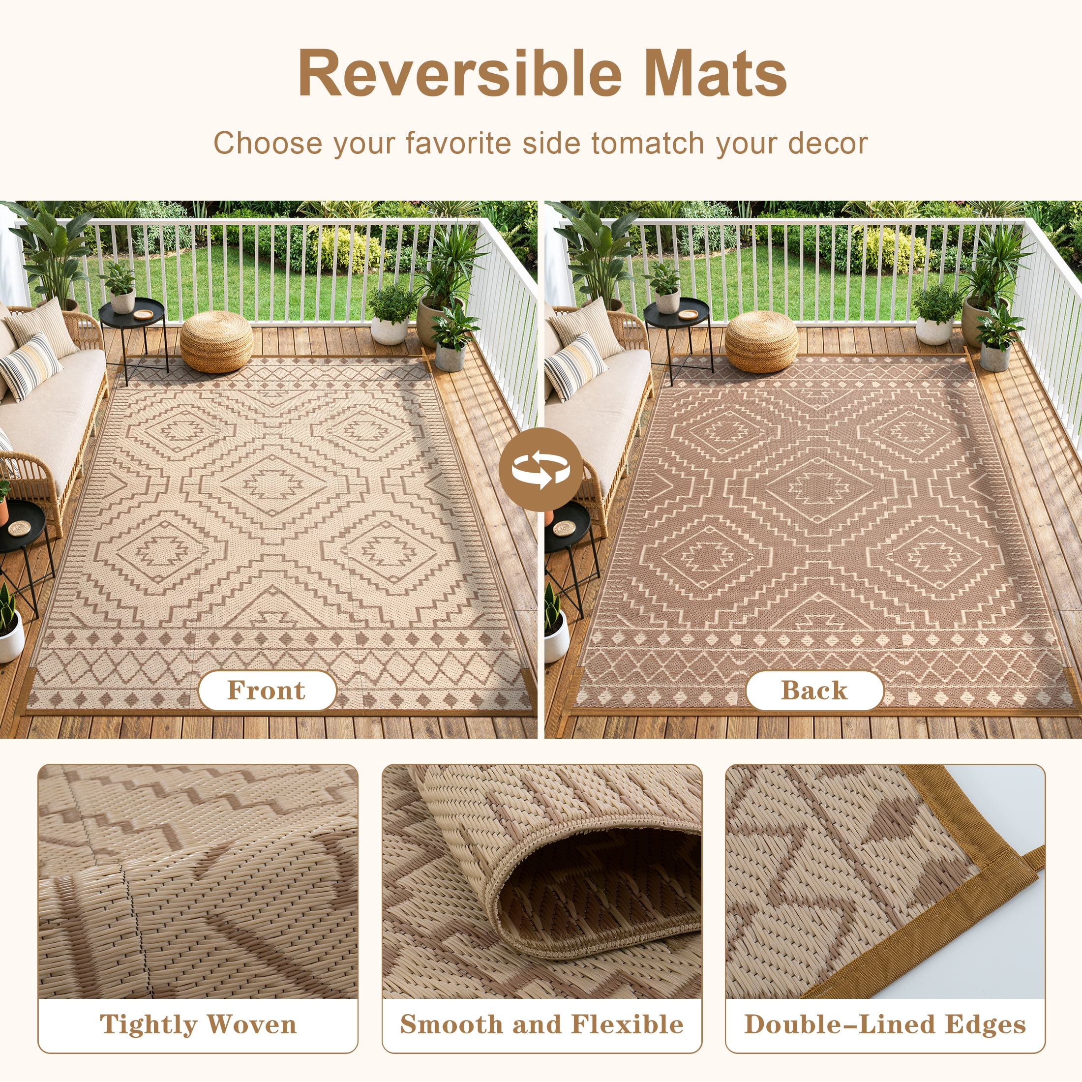RUG ROBOT 8'x10' Waterproof Outdoor Rug, Reversible Plastic Straw Outside Rug for Backyard, Patio, Moroccan Indoor Outdoor Rug for Camping, Garden, Balcony, Camping & RV, Black/Brown
