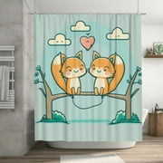 Happy Smiling Foxes Pattern Shower Curtain, Romantic Love Waterproof Bath Curtains for Bathroom Decorations, 72 x 72 inches