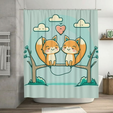 Happy Smiling Foxes Pattern Shower Curtain, Romantic Love Waterproof Bath Curtains for Bathroom Decorations, 72 x 72 inches