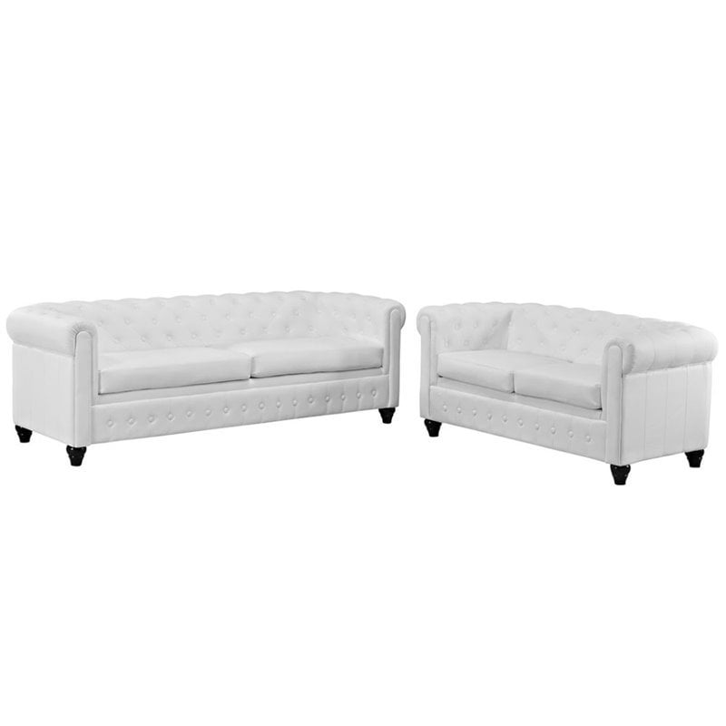 Modway Earl 2 Piece Faux Leather Tufted Sofa Set in White