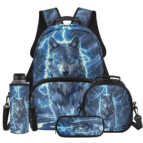 KUIFORTI Lighting Wolf Boys Backpack and Lunch Box Set, 4Pcs Kids School Bag with Pencil Pouch & Water Bottle Sleeve for Elementary Primary Middle School Back to School Gifts