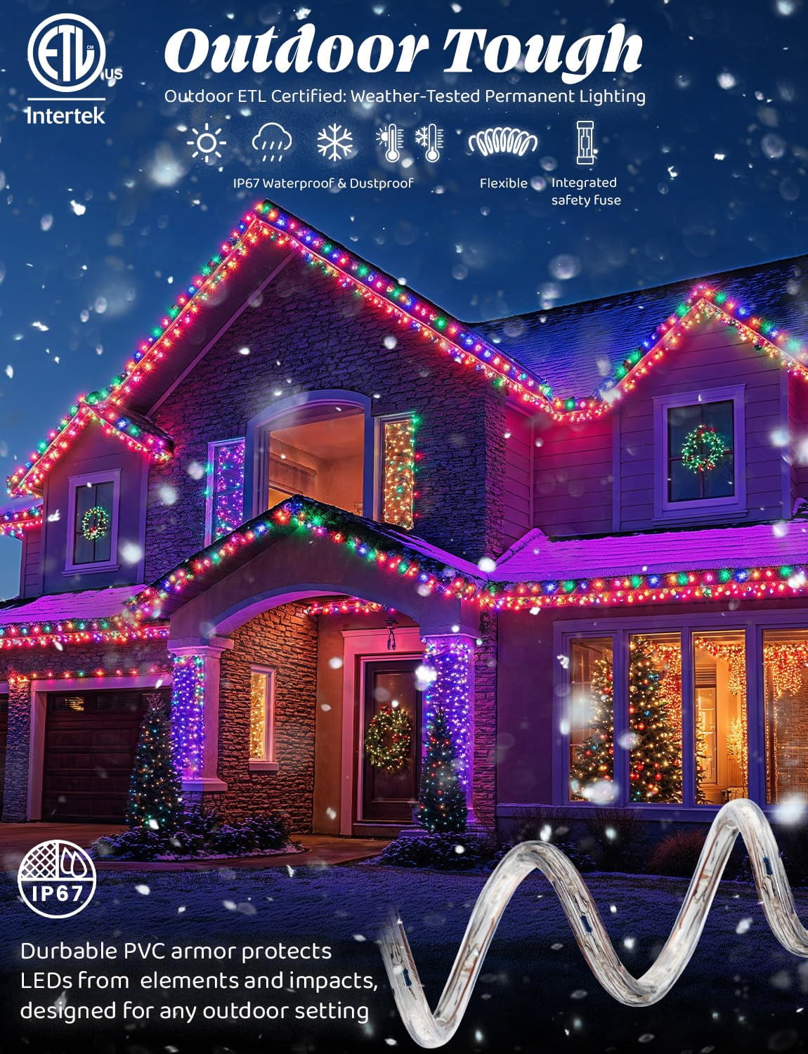 West Ivory 216LEDs, 20ft LED Outside Rope Lights, Waterproof Permanent Outdoor ETL Certified Connectable Clear Tube, Christmas Palm Tree Holiday Decorative Landscape Patio Accent Lighting - Colorful