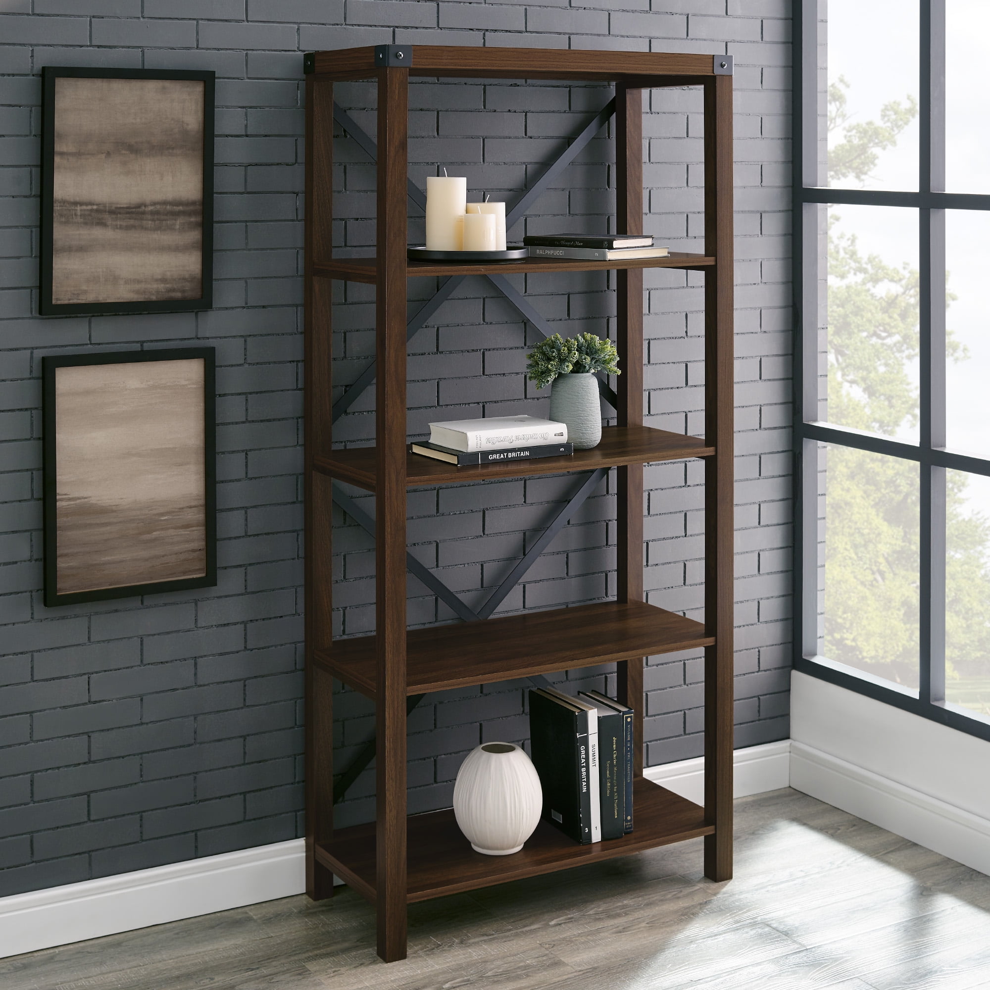 Rustic Industrial 4Shelf Dark Walnut Bookshelf by Desert Fields