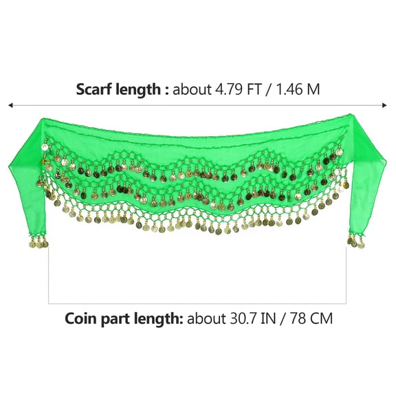 Baluue Belly Skirt,Women Chiffon Dangling Belly Dance Hip Scarf 3 Rows 128 Coins Wrap Belt for Belly Dancing (Green)
