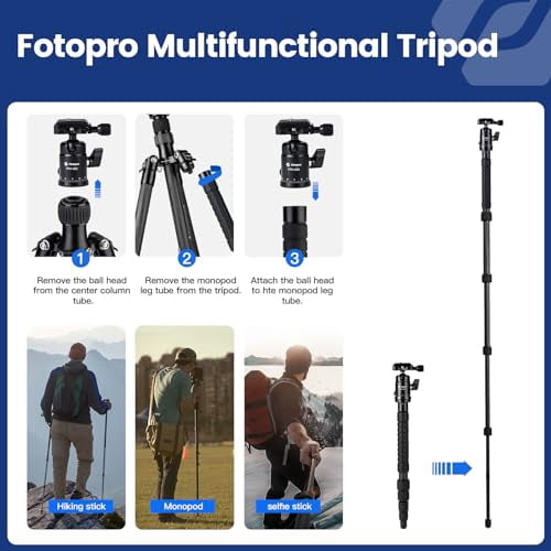 Fotopro Carbon Fiber Travel Tripod 59" Lightweight Camera Tripod Detachable Monopod  with Ball Head Quick Release Plate Load up to 17.63lbs