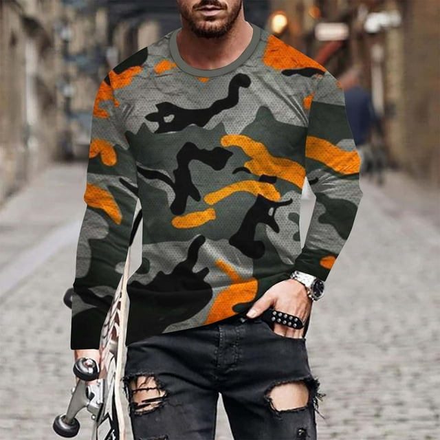 Meichang T-Shirt à Manches Longues pour Homme, T-Shirts Graphiques pour Hommes Tendance à Imprimé Camouflage, T-Shirts Amusants à Col Rond Confortables à Manches Longues pour Homme