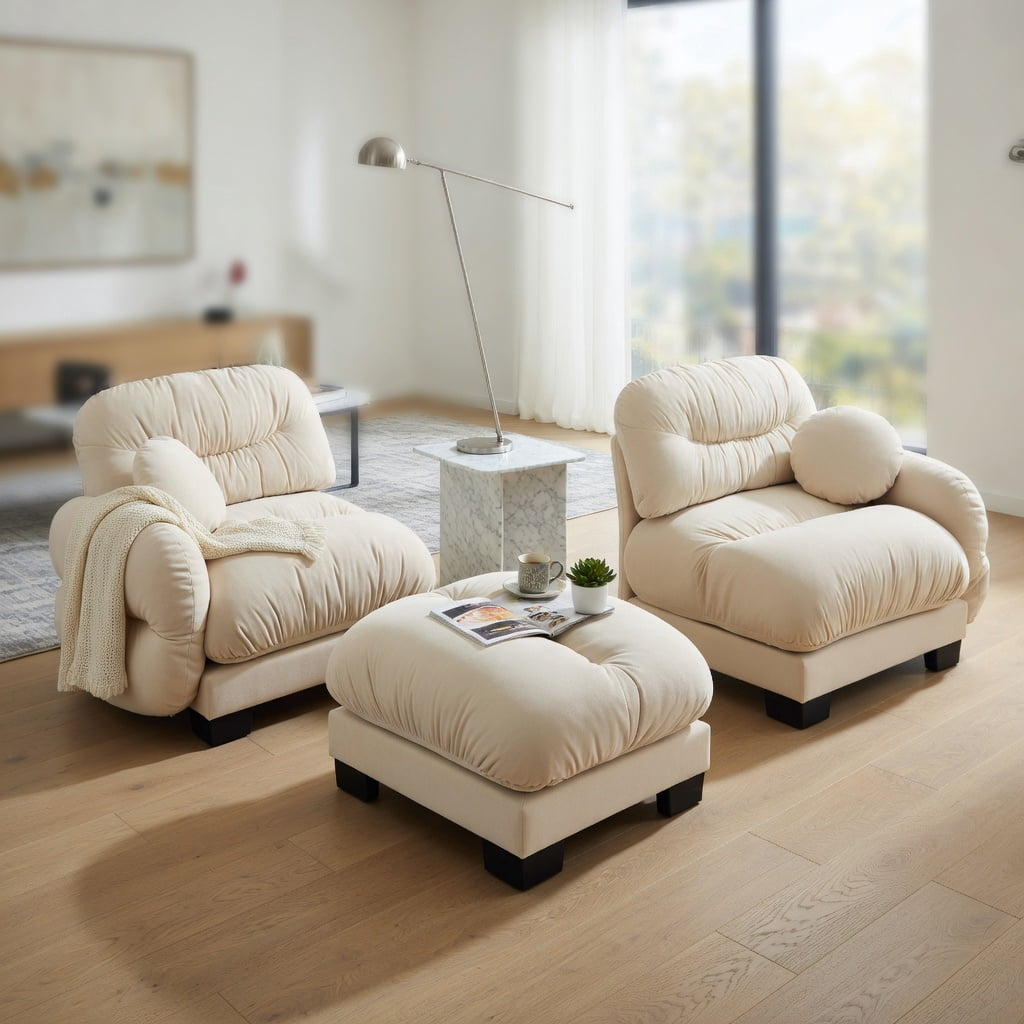 Hommoo Chenille 2-Seater L-Shaped Modular Sectional Sofa with Ottoman, Ergonomic High-Density Foam Cushions, Curved Armrests & Pleated Back Design, Includes 2 Round Throw Pillows, Beige