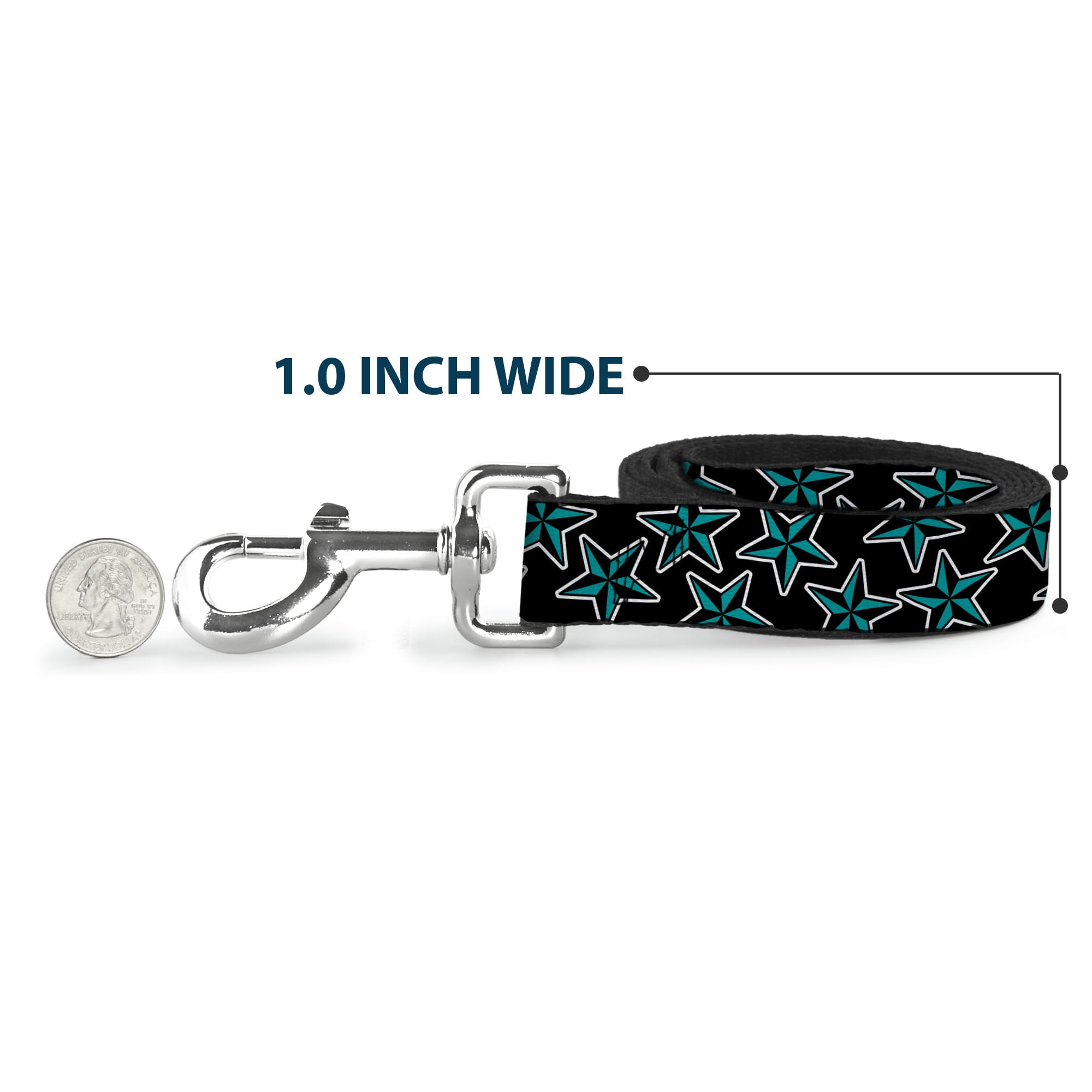 Buckle-Down Pet Leash, Dog Leash, Nautical Stars Scattered Black Turquoise, 6 Feet Long 1.0 Inch Wide