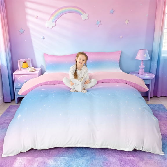 jejeloiu Glitter Print Star Gradient Duvet Cover Set Kids,Pink Blue Magical Sky Pattern Bedding Full For Girls,Reversible,3-Piece(No Comforter)