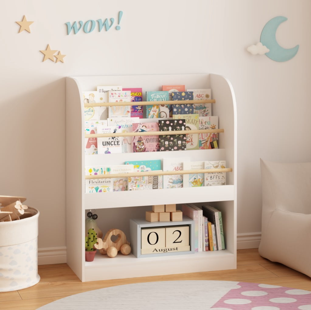 Kids Bookshelf with Open Storage, 3-Tier Front-Facing Children's Bookcase with Bottom Toy Compartment, Wooden Book Display Shelf for Toddlers, Nursery, Playroom & Bedroom, White