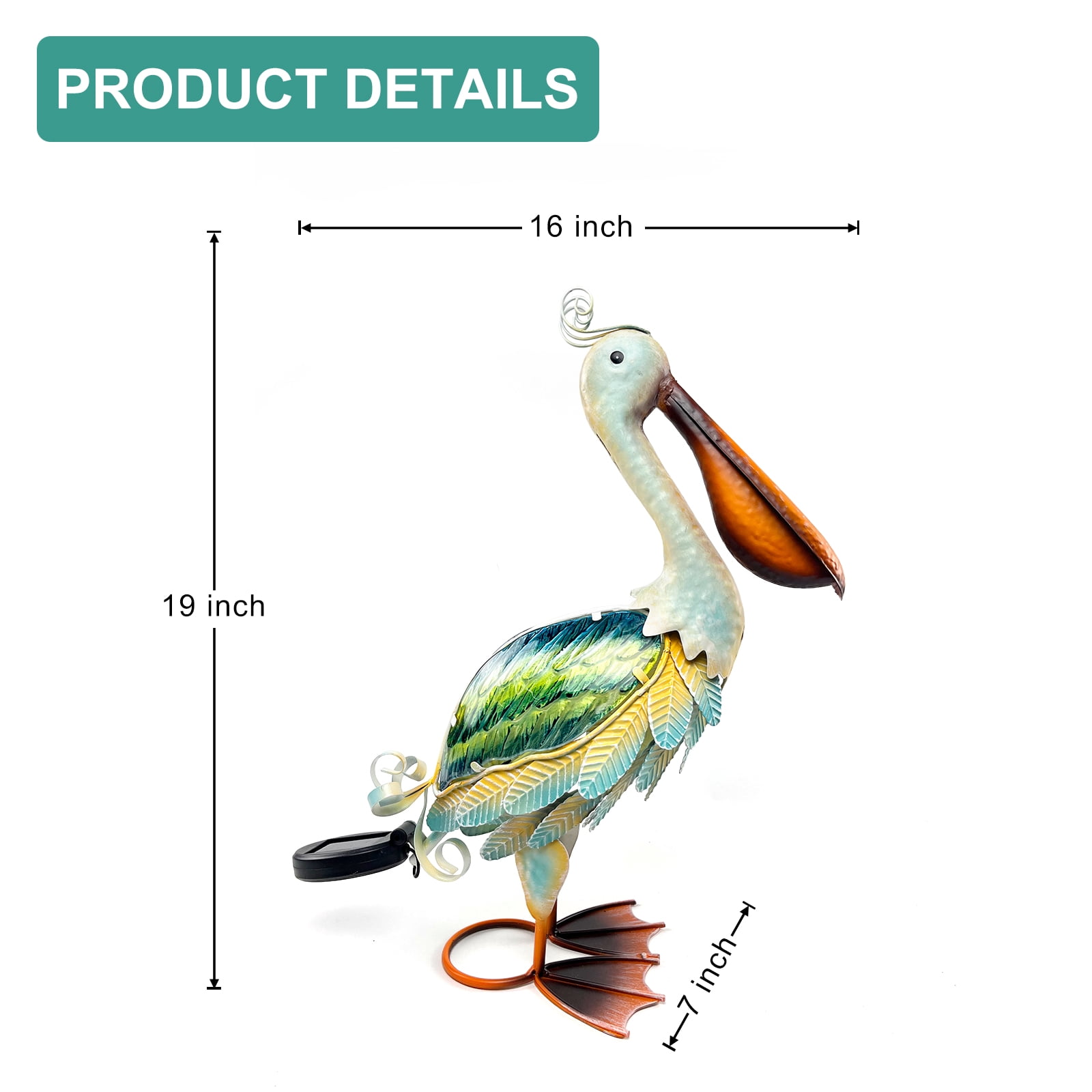 HONGLAND Solar Metal Pelican Garden Statue, 3D Glass Outdoor Pelican Yard Art for Porch Patio,Easy Assemble-19 inch