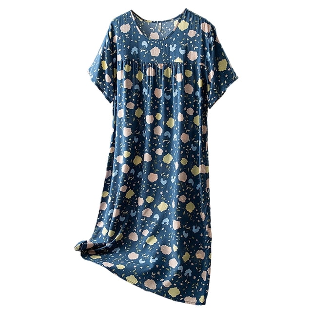 SHIXIAOO Chemise de Nuit d'Été pour Femmes Manches Courtes Col Rond Chemise de Nuit Confortable Vêtements de Détente à la Maison Robe de Nuit Imprimée Décontractée Boutons devant Chemises de Nuit pour Femmes Grande Taille Chemise de Nuit Légère