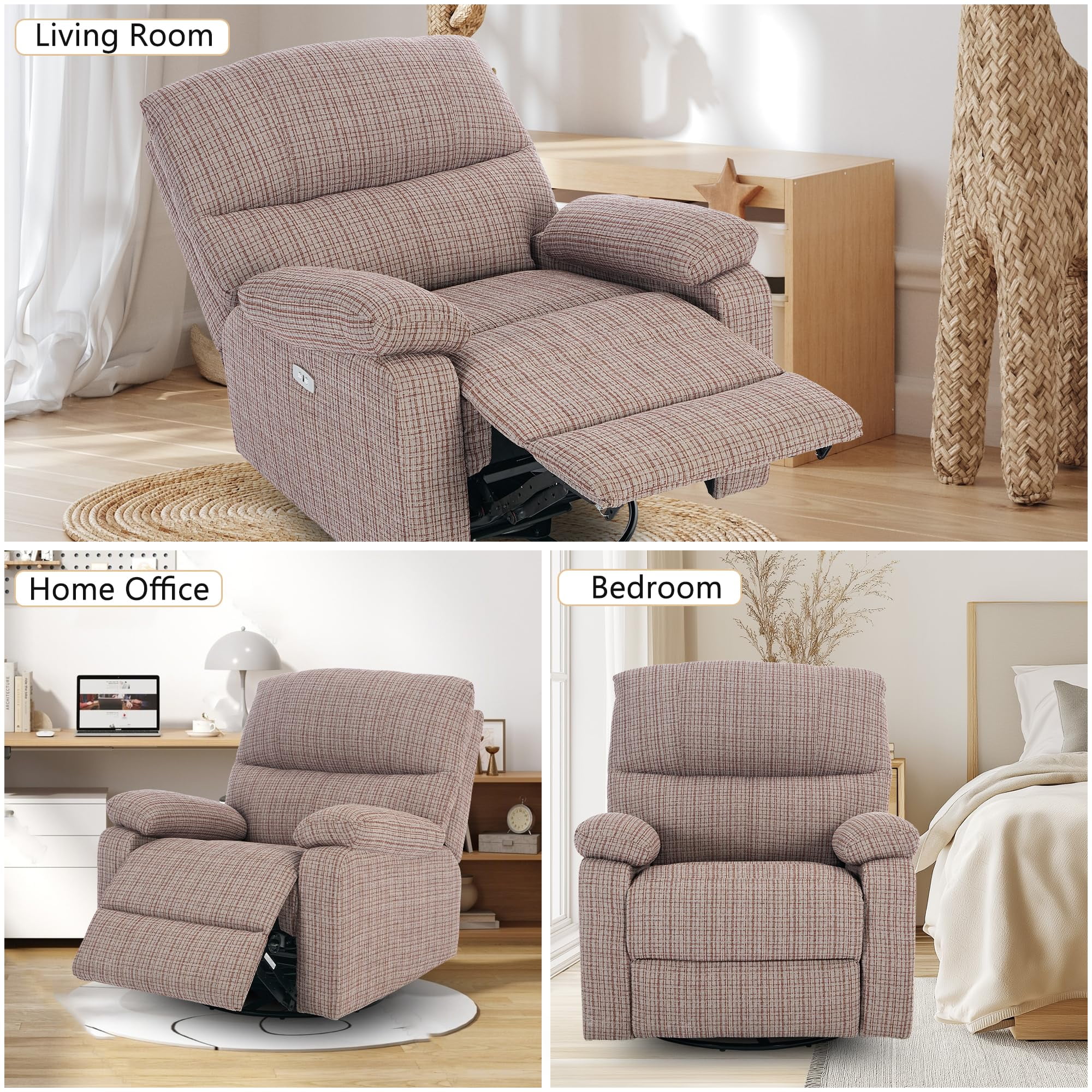 Power Recliner Chairs for Adults, Swivel Rocker Recliner Chair, Adjustable Electric Recliner with USB Port, Rocking Chair Nursery, Small Recliner for Living Room, Brown